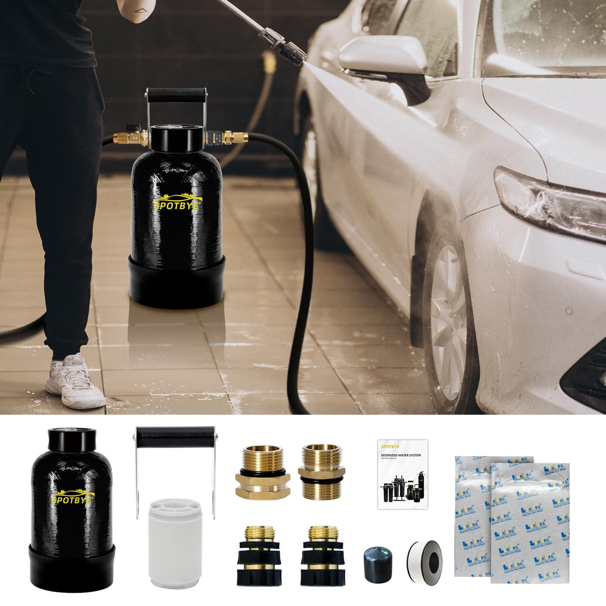 Filterelated driveway detailing setup showing system, hose, and vehicle to demonstrate professional results at home