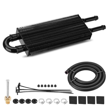 FILTERUP front view of cooler showing compact black tube-and-fin core and mounting points