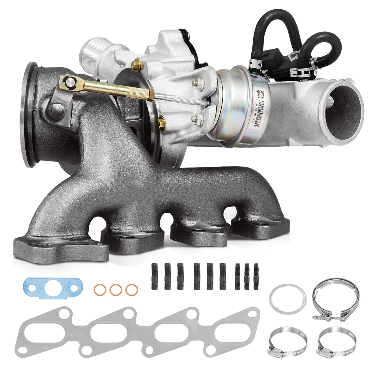 FILTERUP turbocharger front view showing flange and outlet, highlights fitment benefit