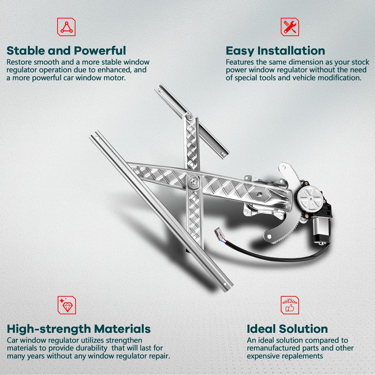 FINDAUTO close-up of reinforced regulator arm, showing strength and durability benefit.