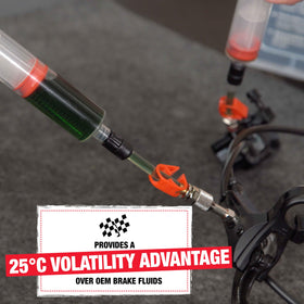 Finish Line mineral oil flowing through brake hose to show compatibility and smooth bleeding