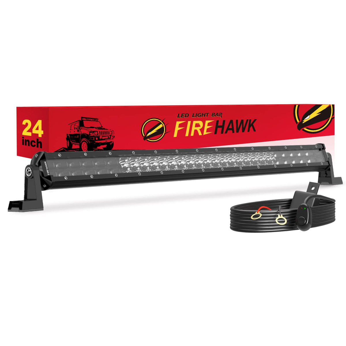 Firehawk front view showing 24 inch light bar and bright LED array for clear road visibility
