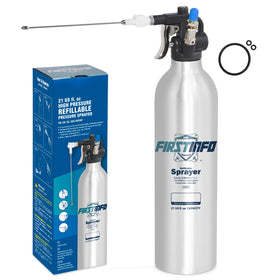 FIRSTINFO front packaging view showing durable refillable spray can benefit longevity