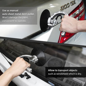 FIRSTINFO dent puller attached to car bonnet demonstrating fast DIY dent repair