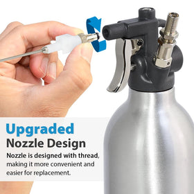 FIRSTINFO threaded two-way nozzle close-up illustrating easy replacement and control