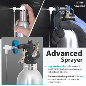 FIRSTINFO threaded nozzle close-up highlighting replaceable two-way spray control