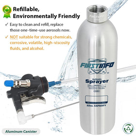 FIRSTINFO spraying wide mist across surface for even coverage and fast work