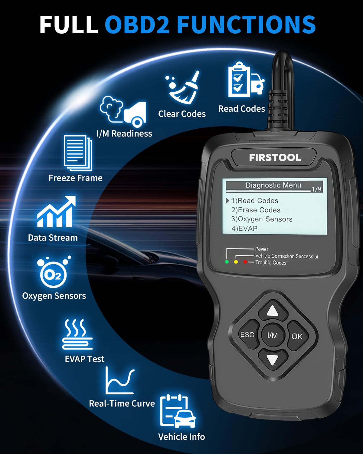 FIRSTOOL OBD2 connector plugged into car port showing secure plug for instant use