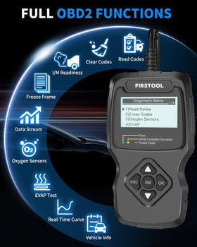 FIRSTOOL OBD2 connector plugged into car port showing secure plug for instant use