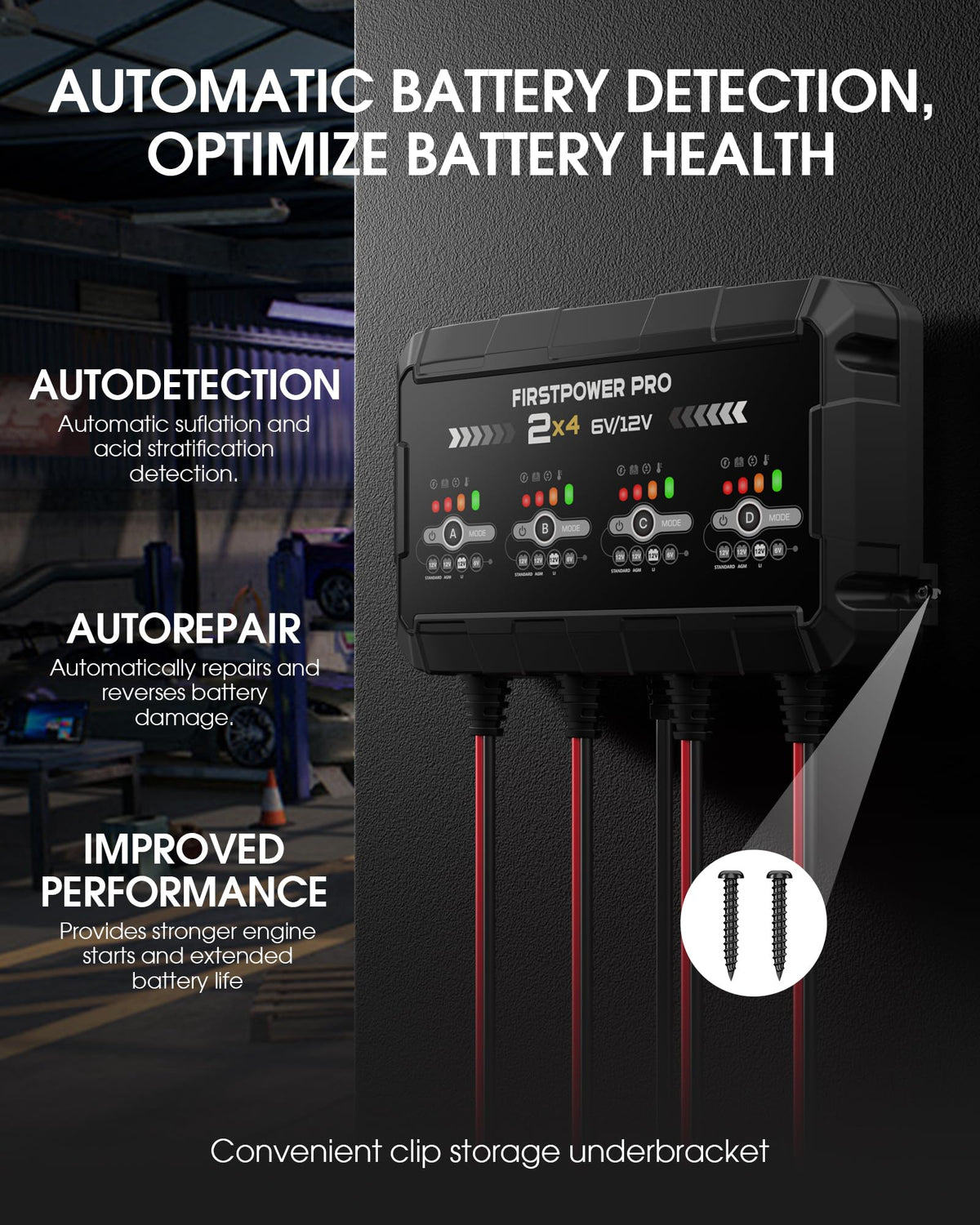 FirstPower Pro powering four batteries in a garage, simultaneous multi-battery control
