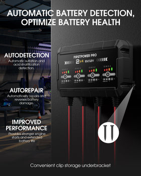 FirstPower Pro powering four batteries in a garage, simultaneous multi-battery control