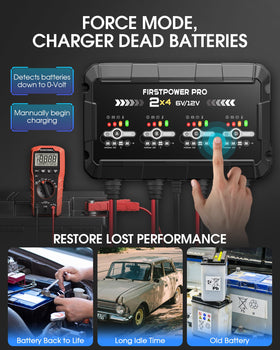FirstPower Pro charging a motorcycle battery outdoors, fast convenient maintenance