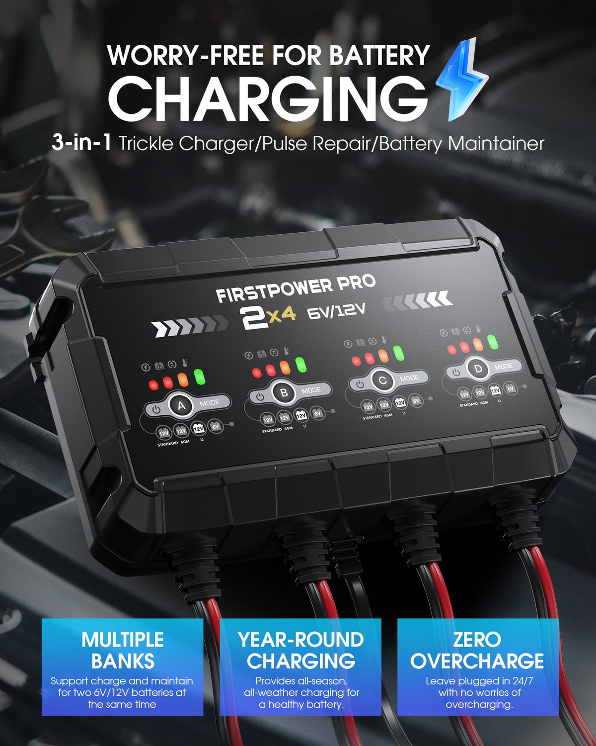 FirstPower Pro LED display close-up showing charge status and diagnostic feedback