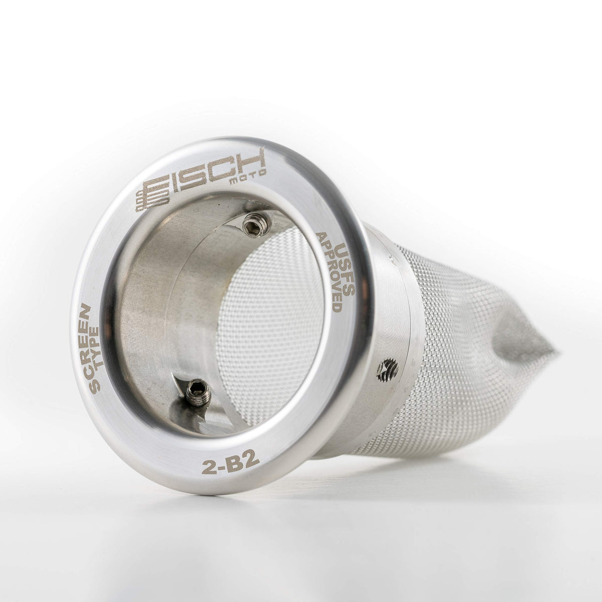 Fisch Moto spark arrestor front view showing fitment and durable stainless-steel construction