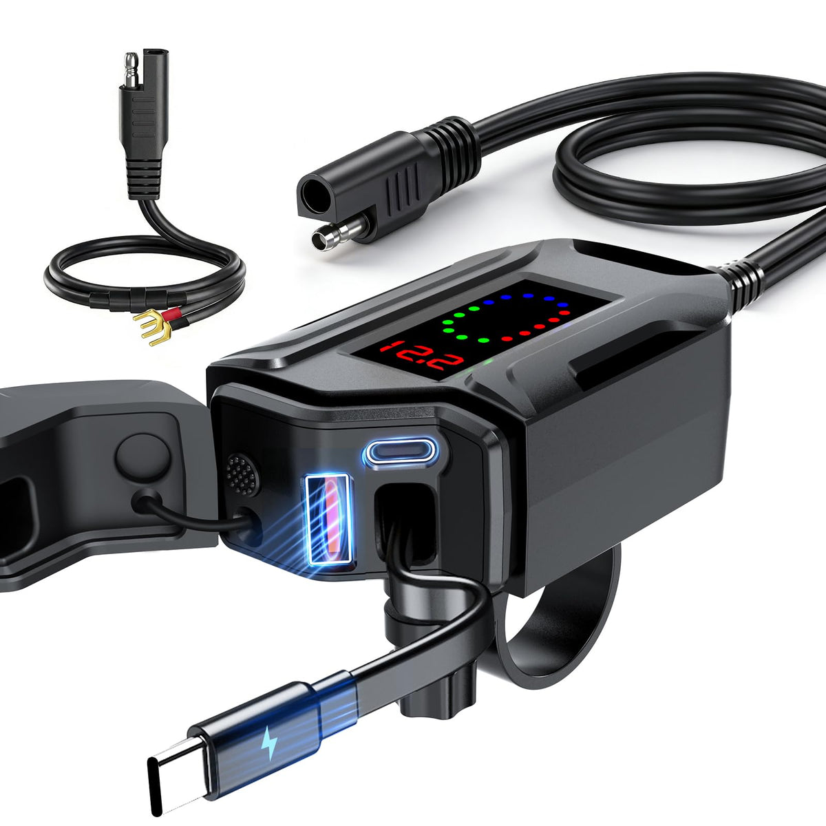 FISHOAKY front view mounted on handlebar showing compact power hub and easy access ports
