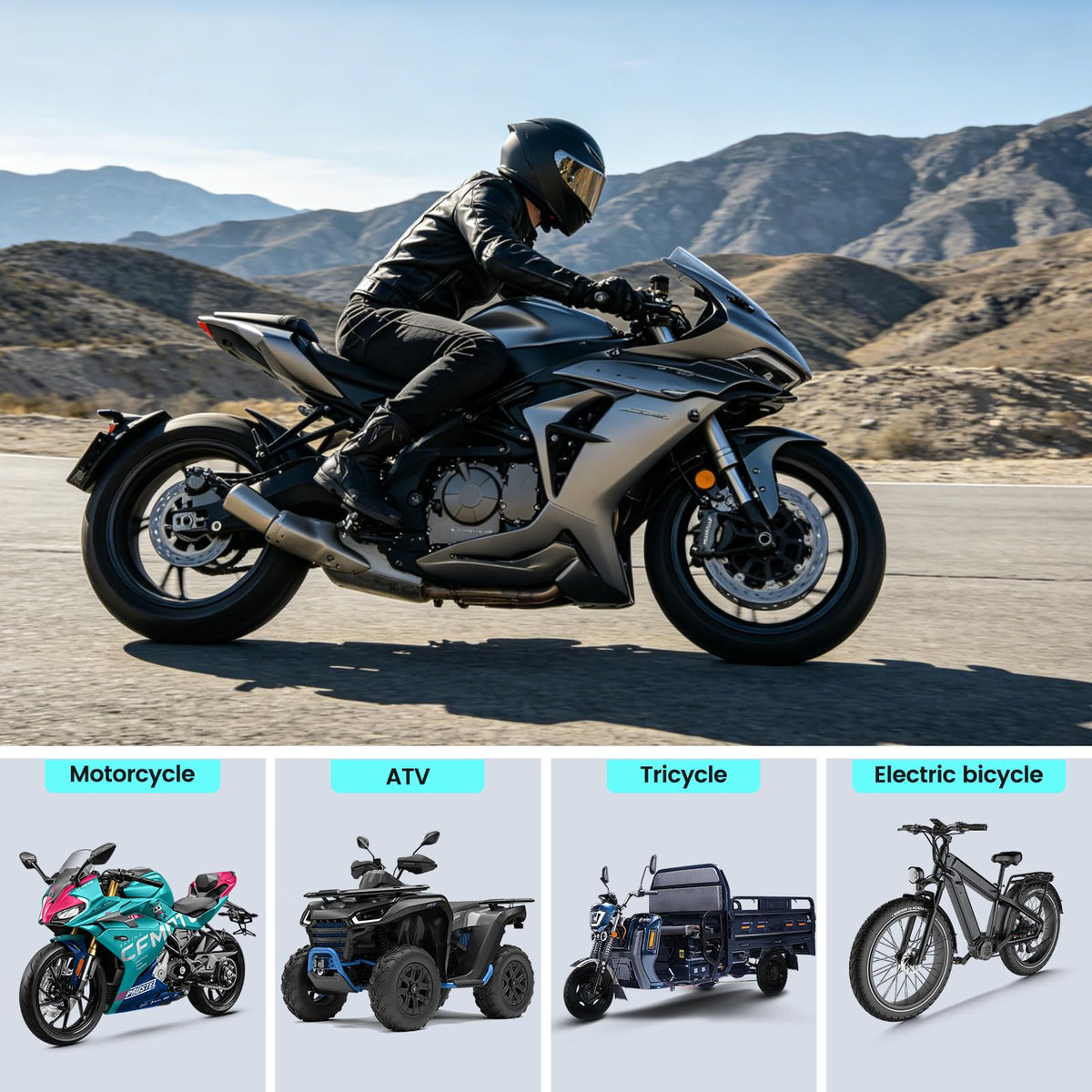 FISHOAKY lifestyle shot on motorcycle road demonstrating charging devices while riding