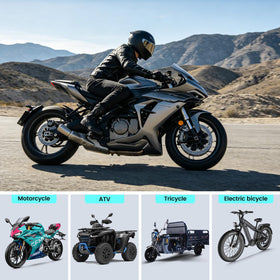 FISHOAKY lifestyle shot on motorcycle road demonstrating charging devices while riding
