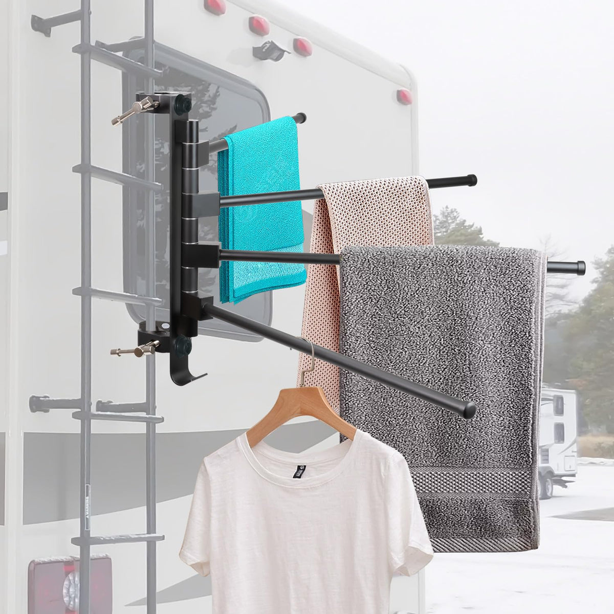 Fistihon front view mounted on RV ladder showing stable drying benefit
