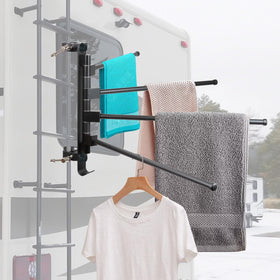 Fistihon front view mounted on RV ladder showing stable drying benefit