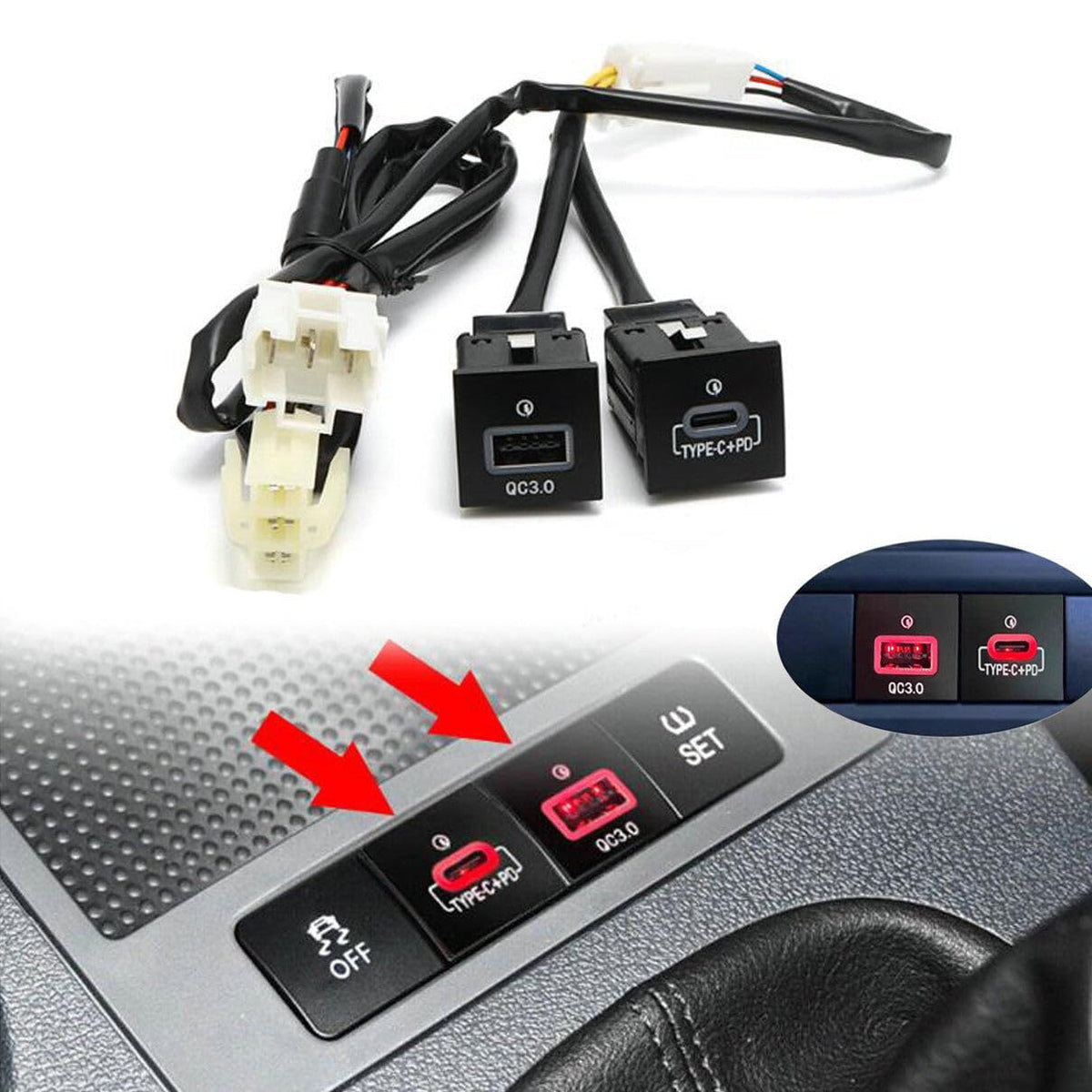 fitfoyo close-up of charger ports and model label, showing clear QC3.0 and PD markings