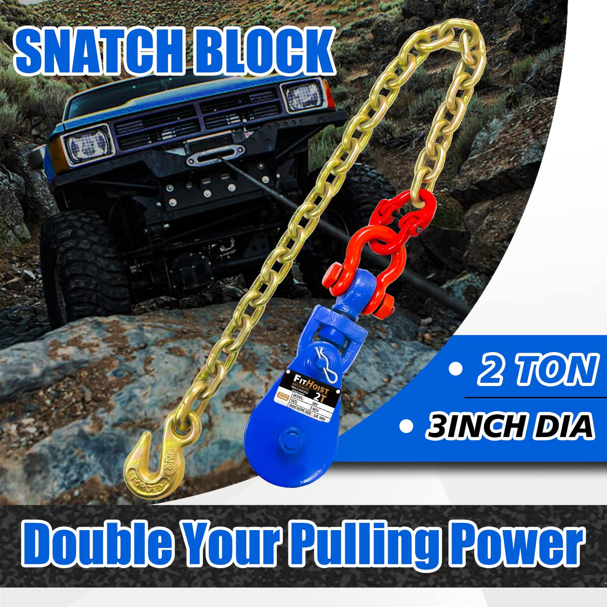 FITHOIST close-up of 3-inch sheave protecting wire rope and reducing friction for longevity