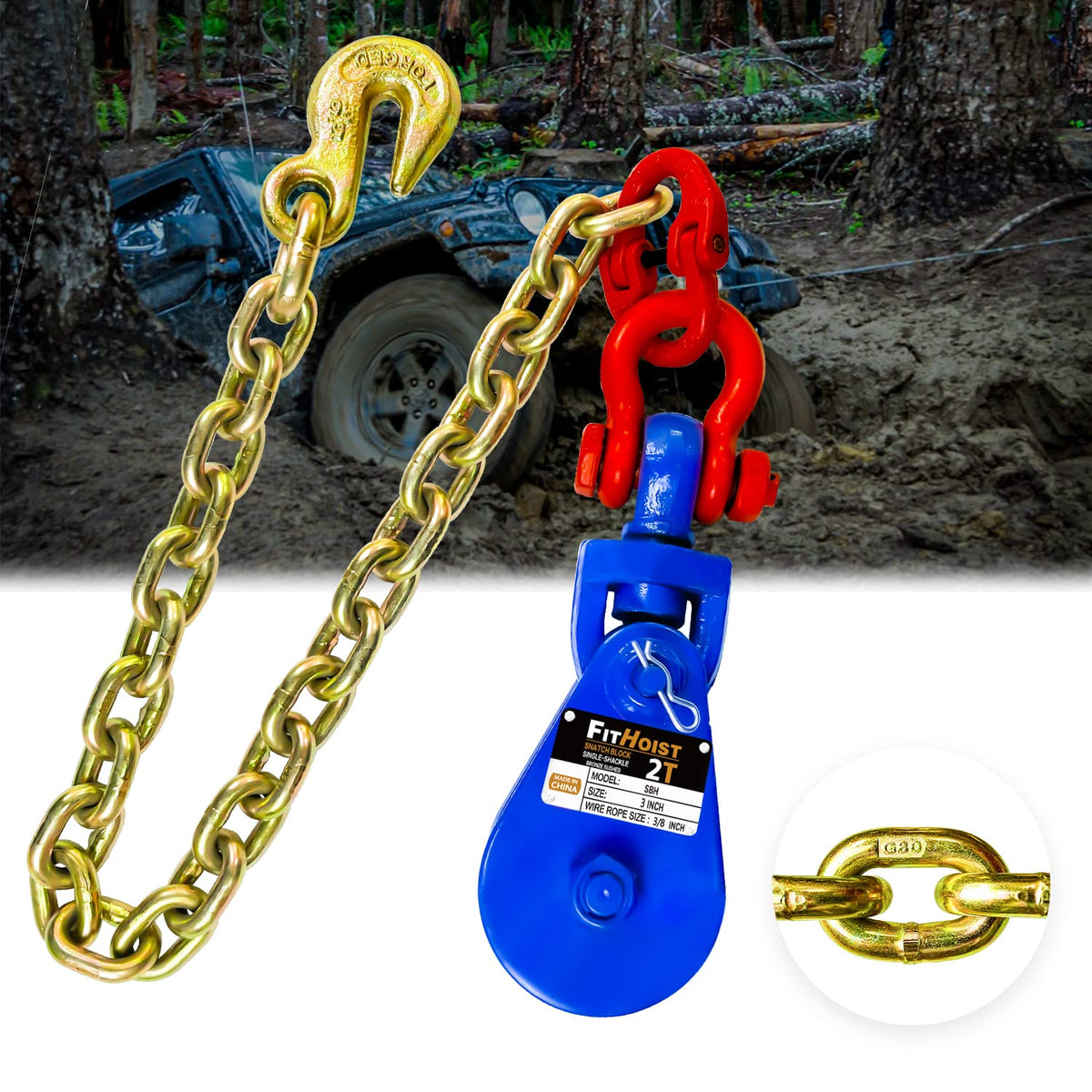 FITHOIST snatch block front view showing compact pulley and secure latch benefit durable setup