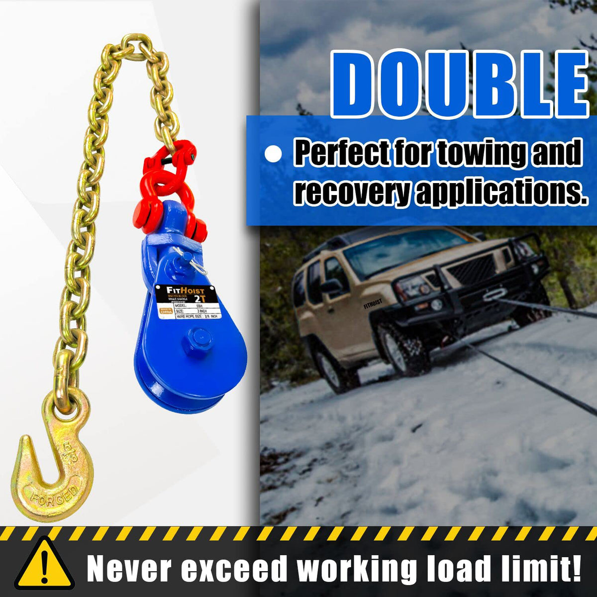FITHOIST snatch block fitted on tow truck during recovery showing doubled pulling efficiency