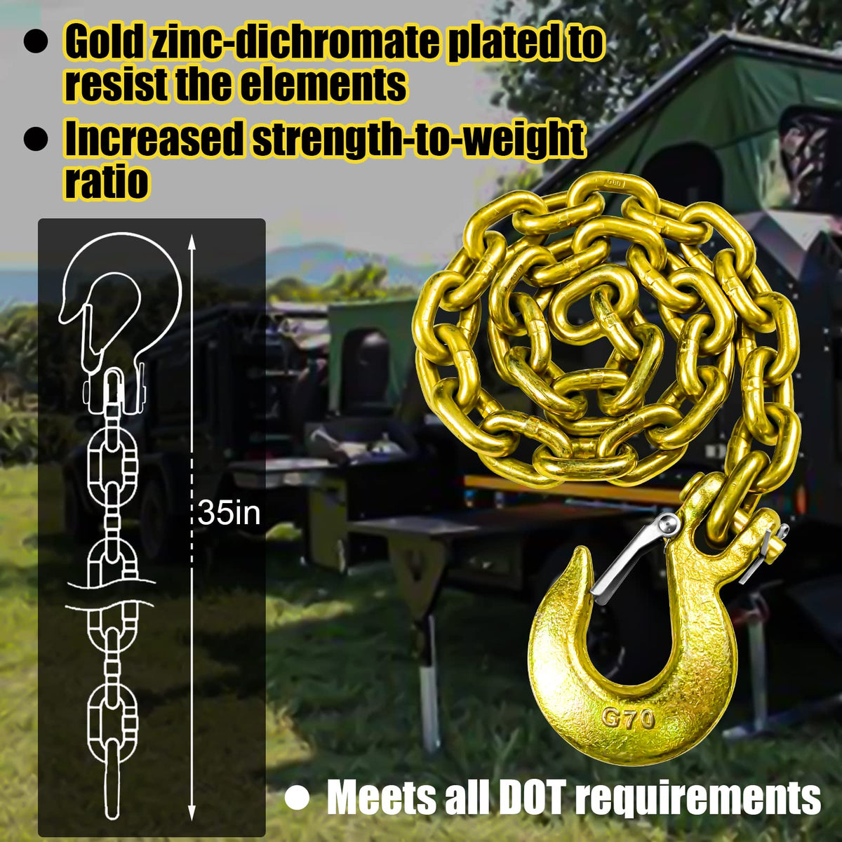 FITHOIST chain laid beside ruler showing 35-inch length for accurate fitment