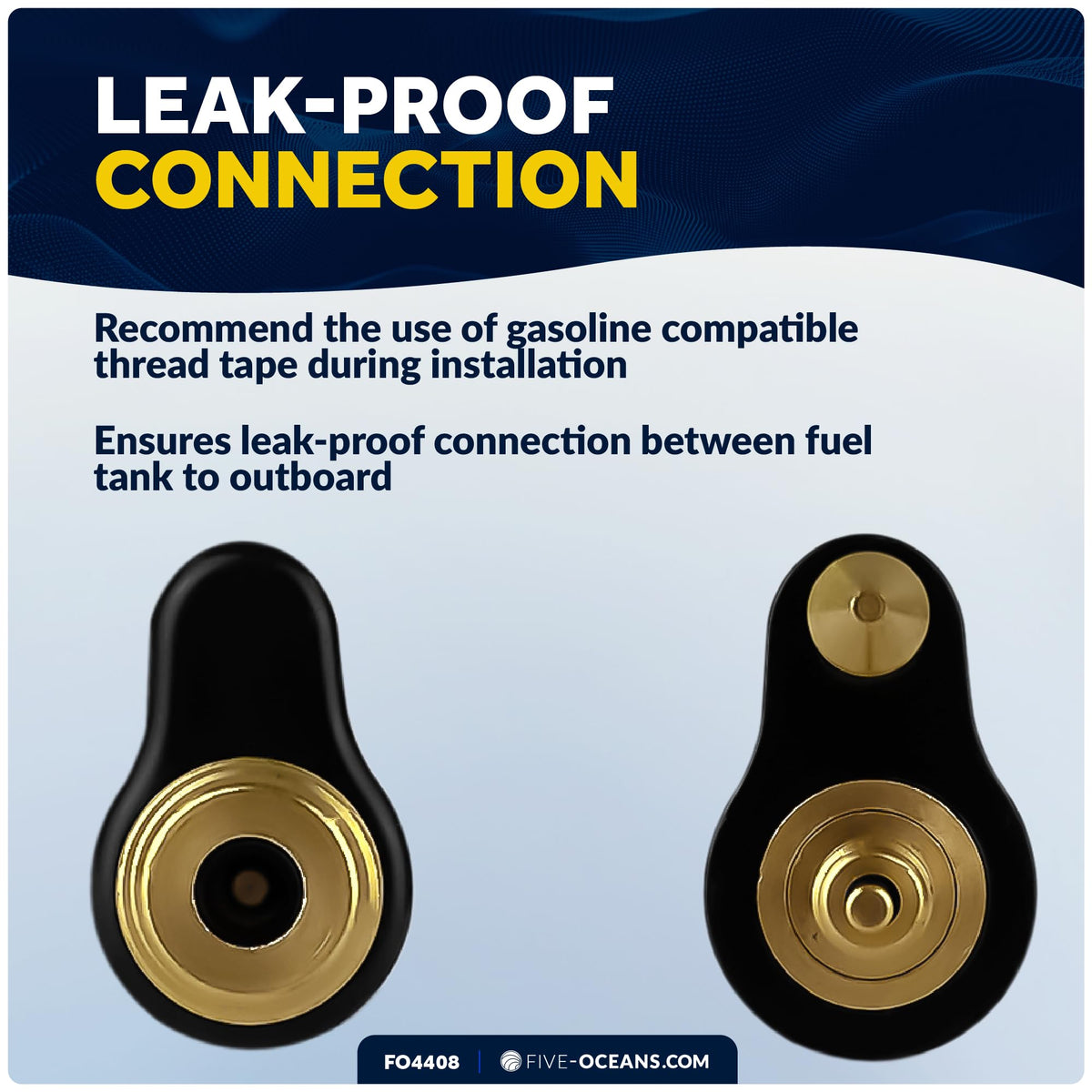 Five Oceans connector installed on portable fuel tank illustrating proper fit and safety