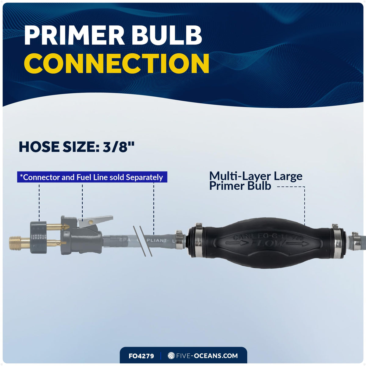Five Oceans primer bulb installed on outboard motor to speed engine starts