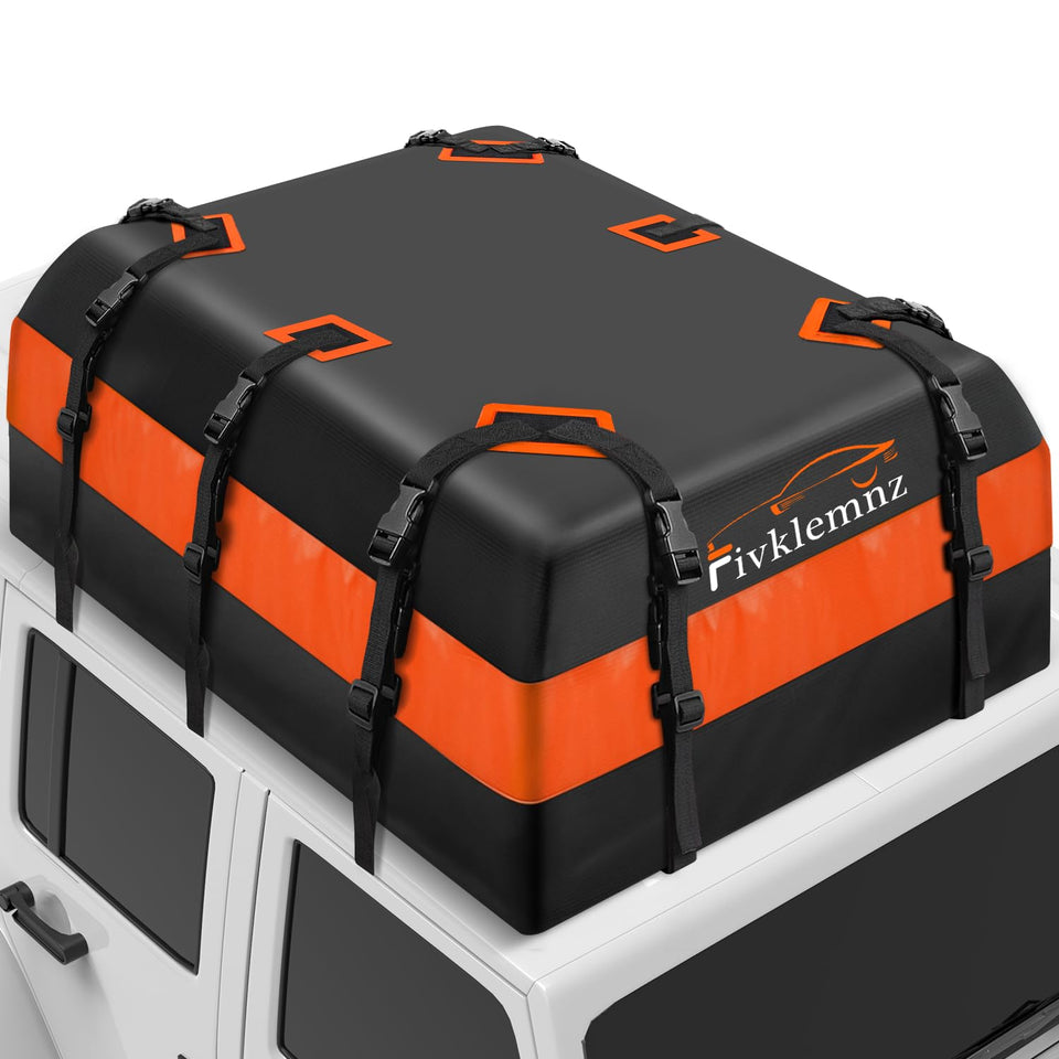 FIVKLEMNZ front view of rooftop bag showing shape and sealed flap for weather protection