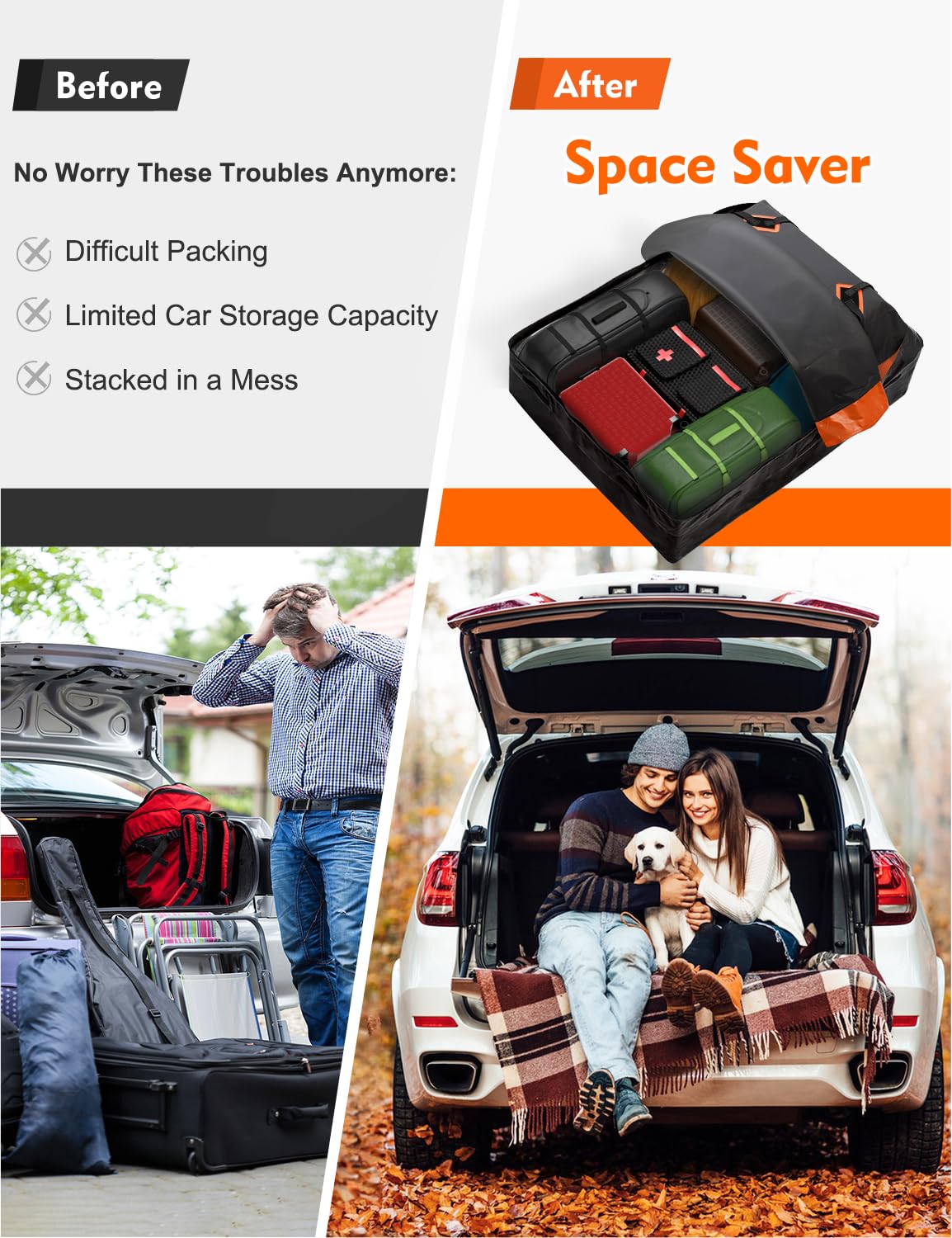 FIVKLEMNZ rooftop bag beside suitcases showing 30 cubic-foot capacity comparison