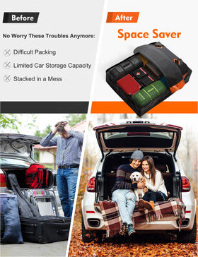 FIVKLEMNZ rooftop bag beside suitcases showing 30 cubic-foot capacity comparison