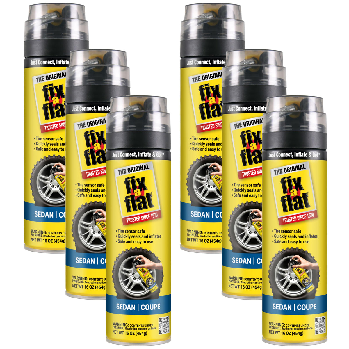 Fix-A-Flat front view of six-can pack showing compact emergency readiness
