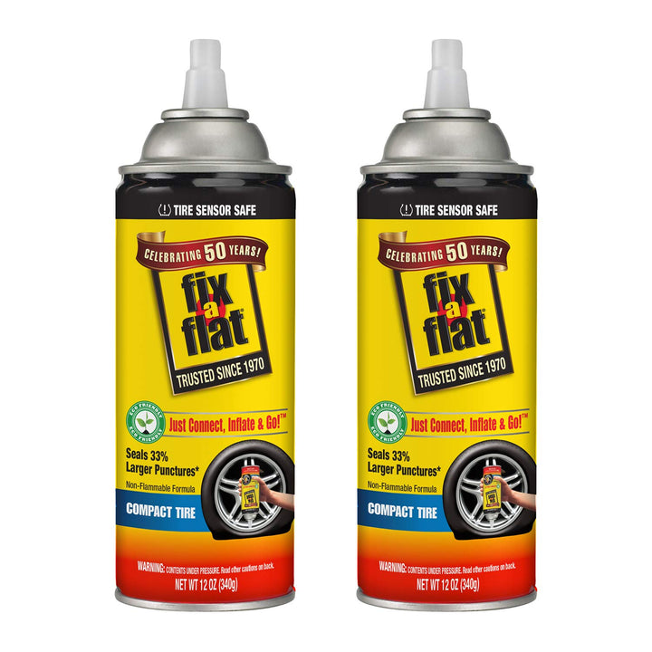 Fix-A-Flat front packaging showing both 12oz cans and quick identification for emergency use