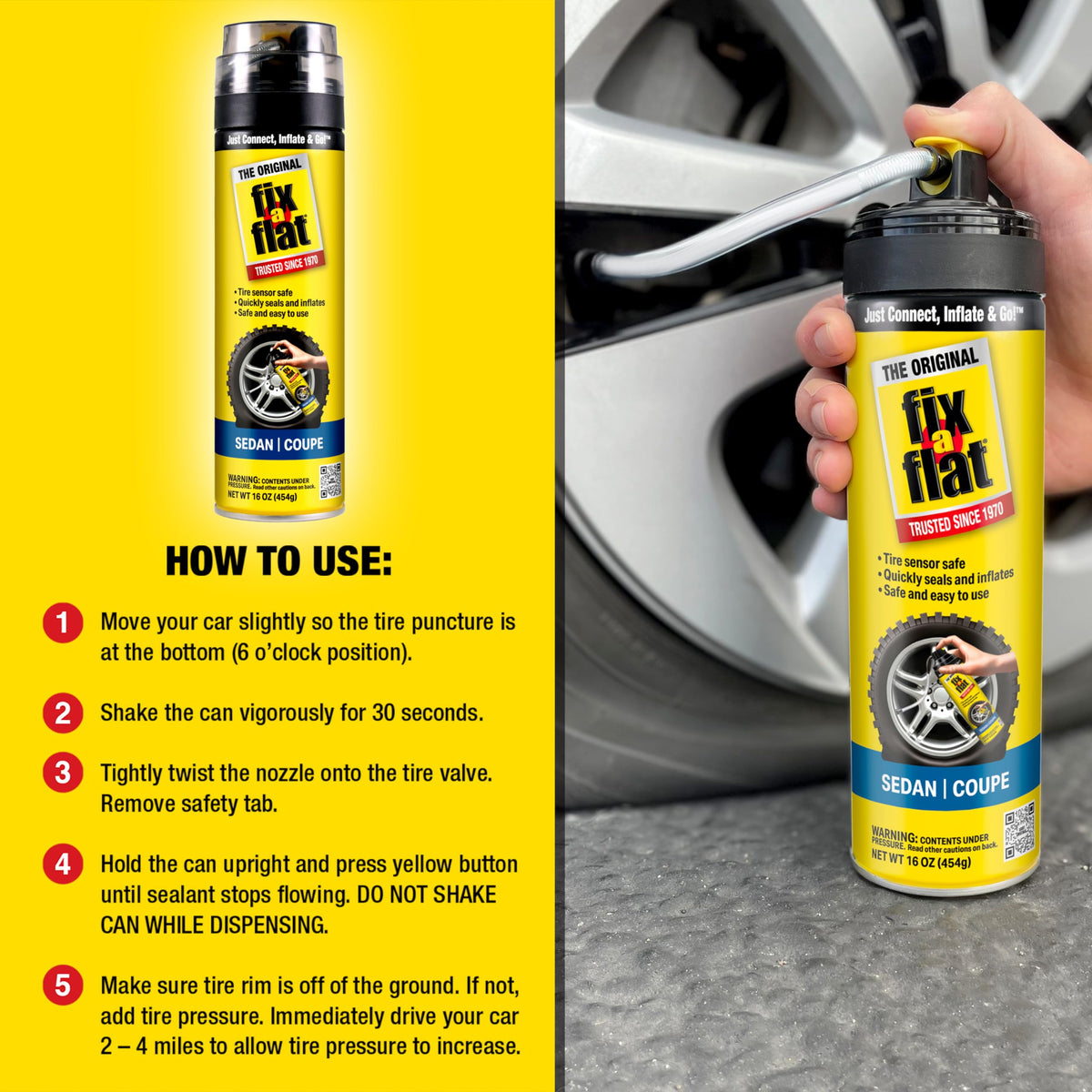 Fix-A-Flat used at roadside by driver illustrating quick safe inflating