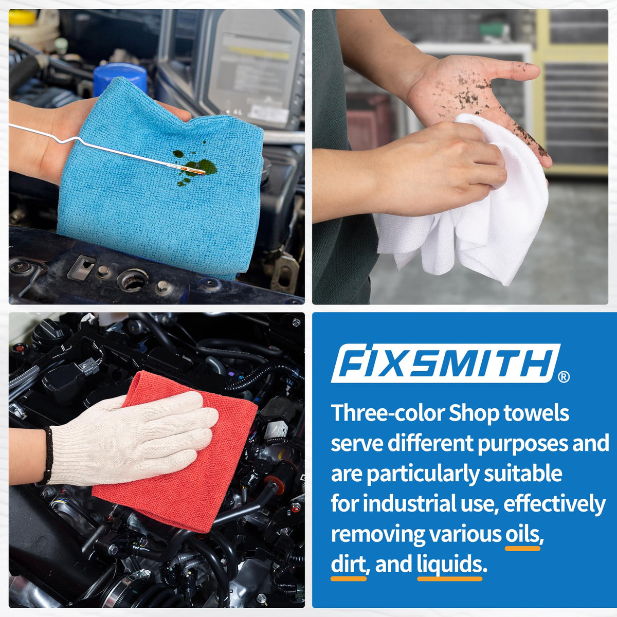 Neatly stacked FIXSMITH towels demonstrating bulk value and storage