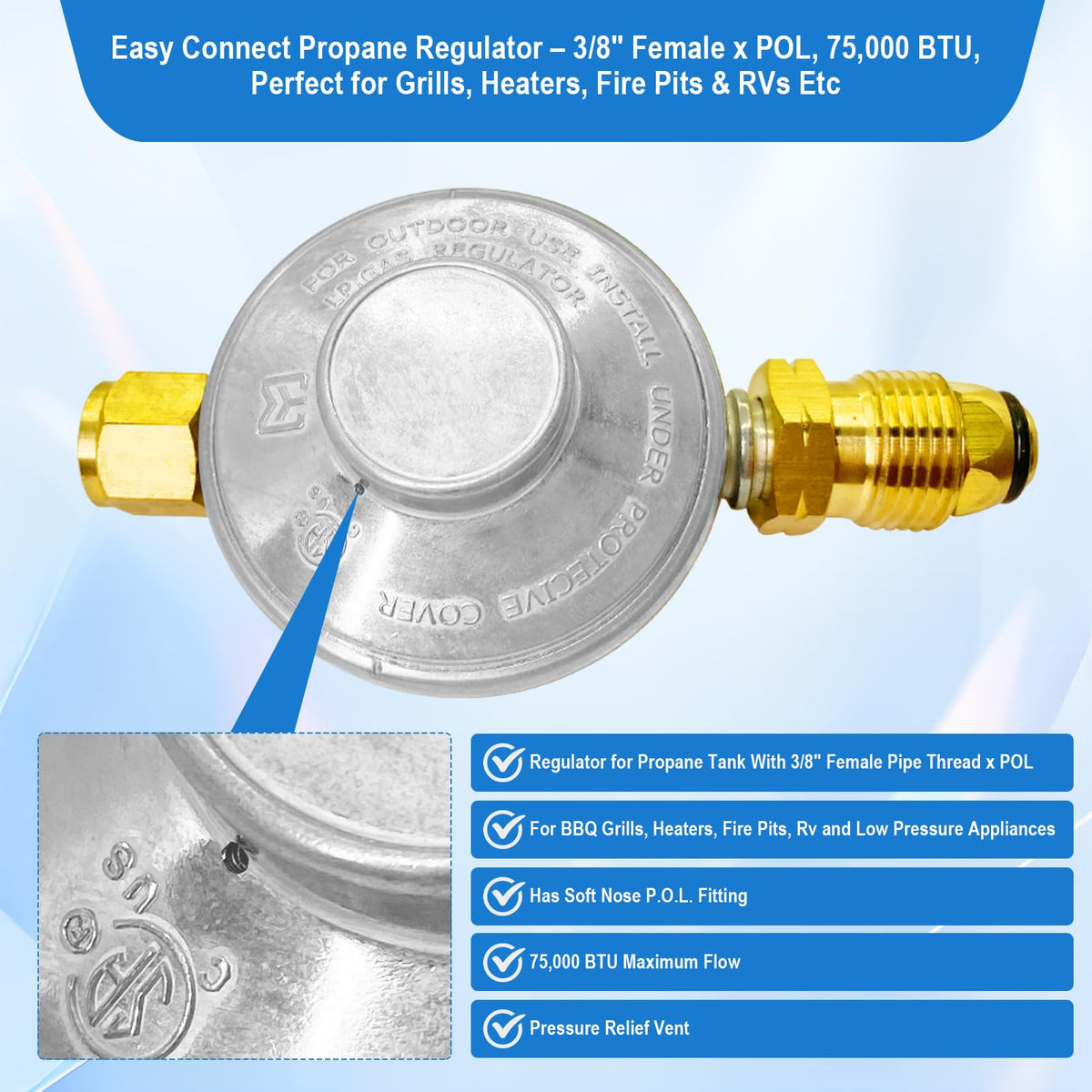 FJXBYWM regulator mounted on propane tank showing safe installation