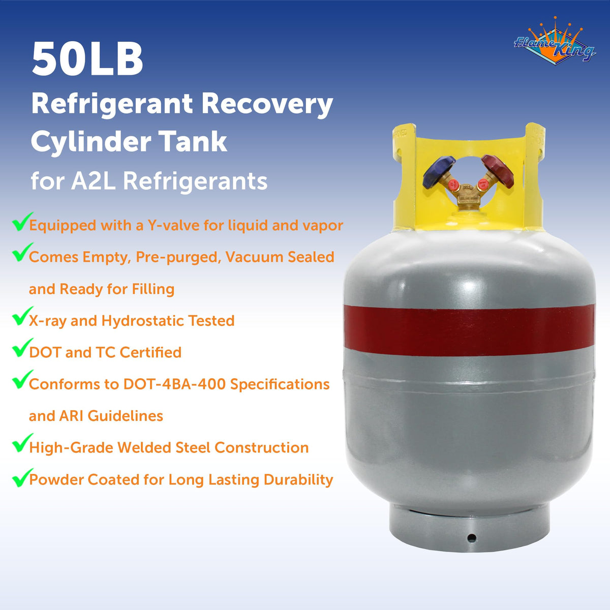 Flame King dual Y-valve closeup highlighting liquid and vapor ports for efficient recovery