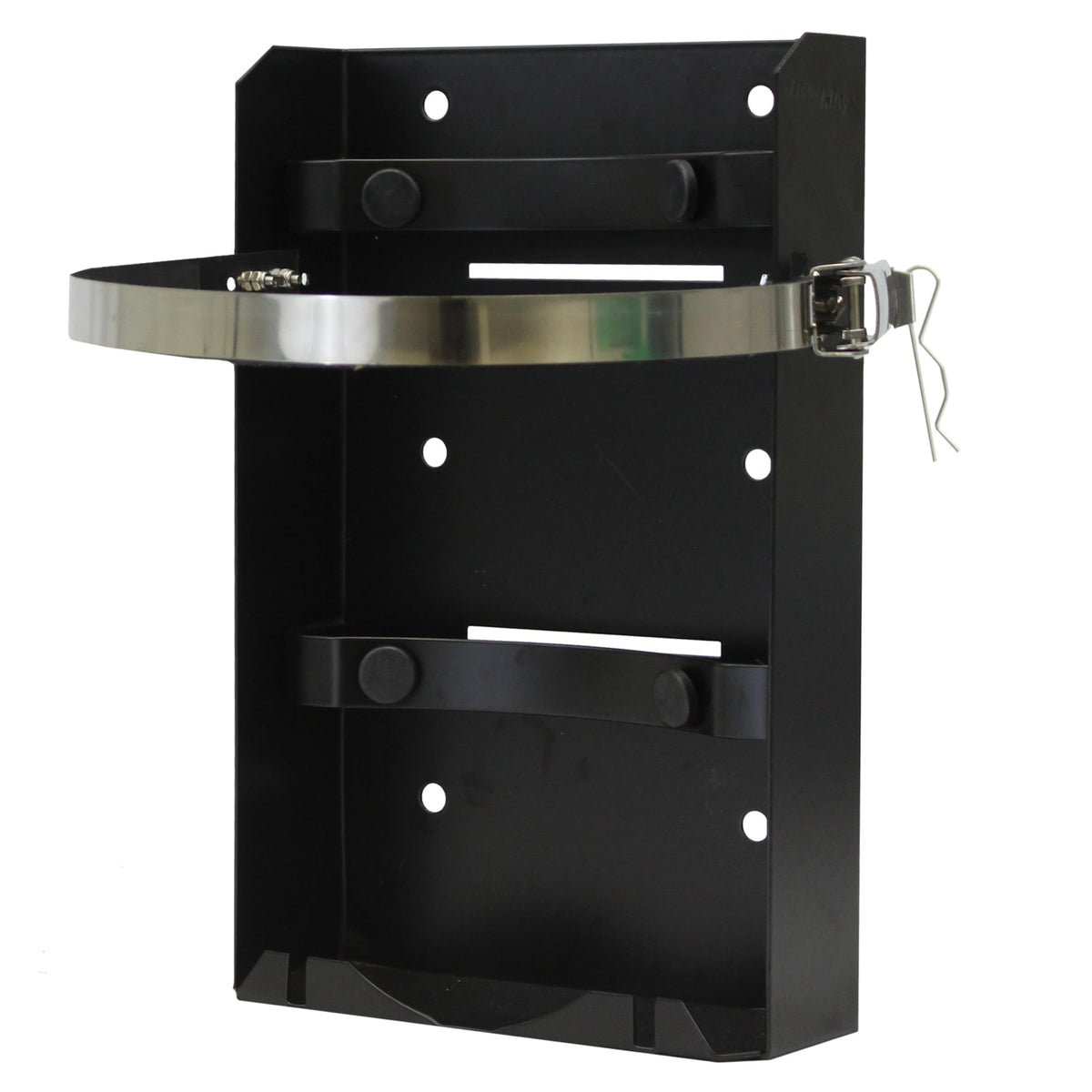 Flame King bracket front view showing secure tank cradle and frame benefit