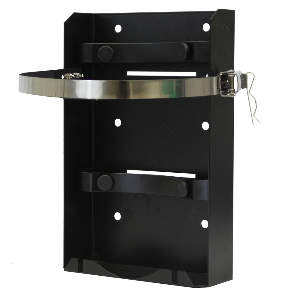 Flame King bracket front view showing secure tank cradle and frame benefit