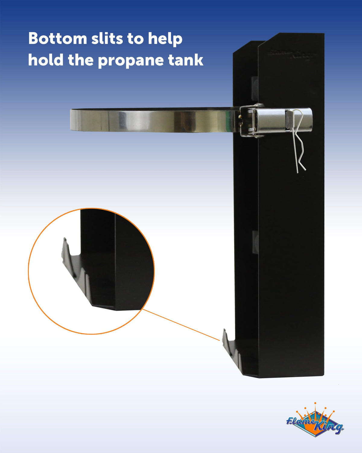 Flame King side profile with a 10LB tank mounted demonstrating stable fit benefit
