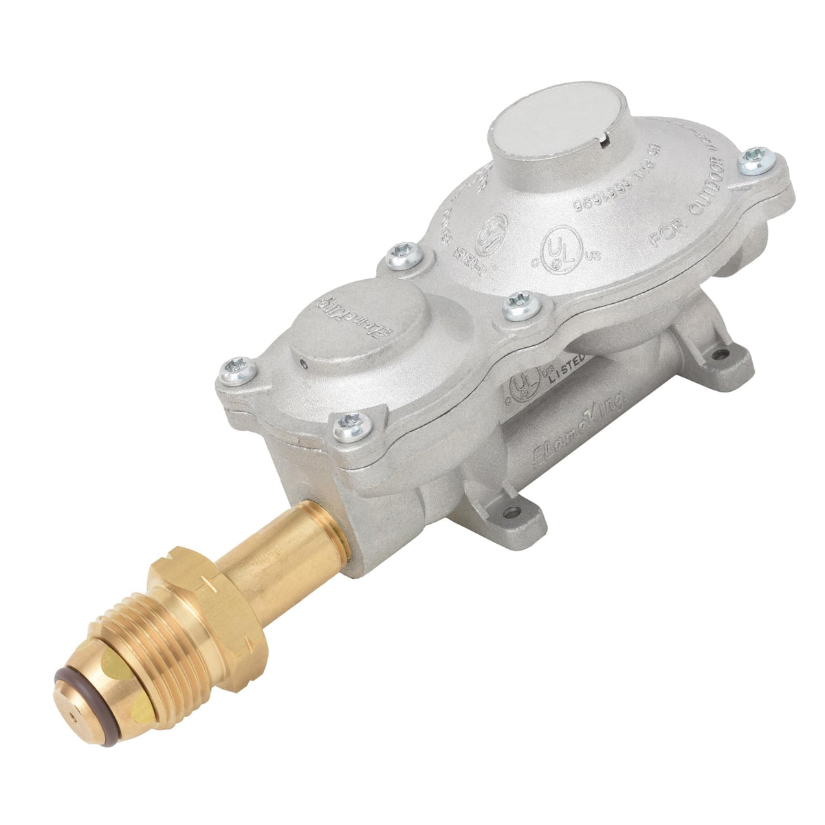 Flame King horizontal regulator front view showing compact durable body and fittings