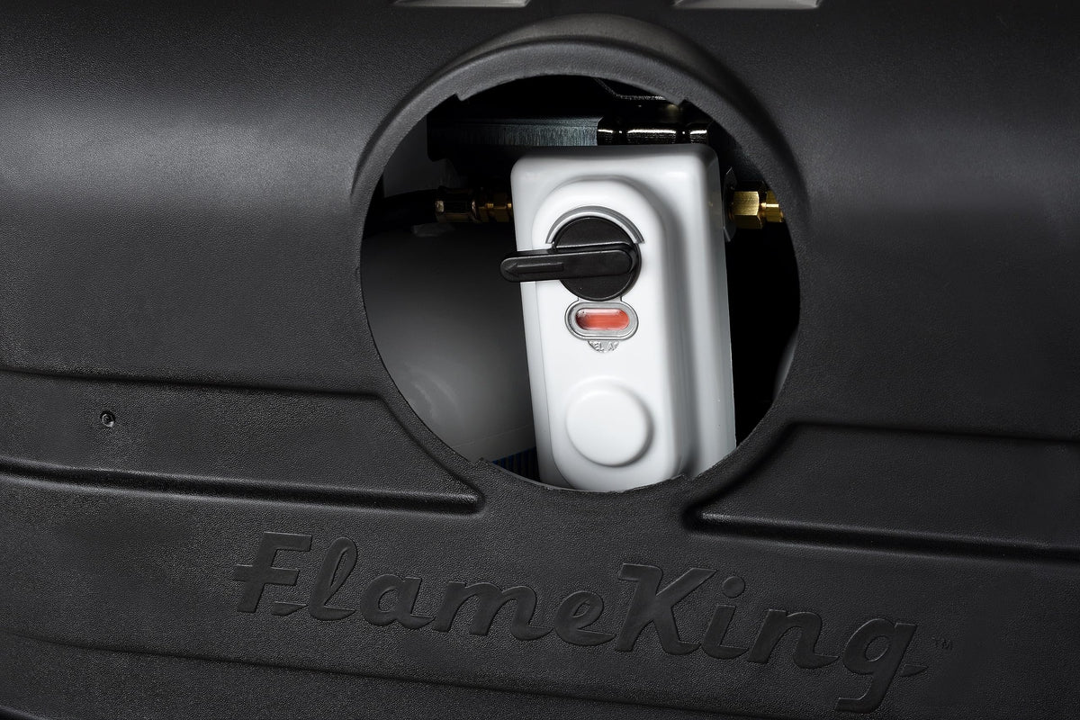 Flame King at campsite offering tidy, low-profile storage benefit