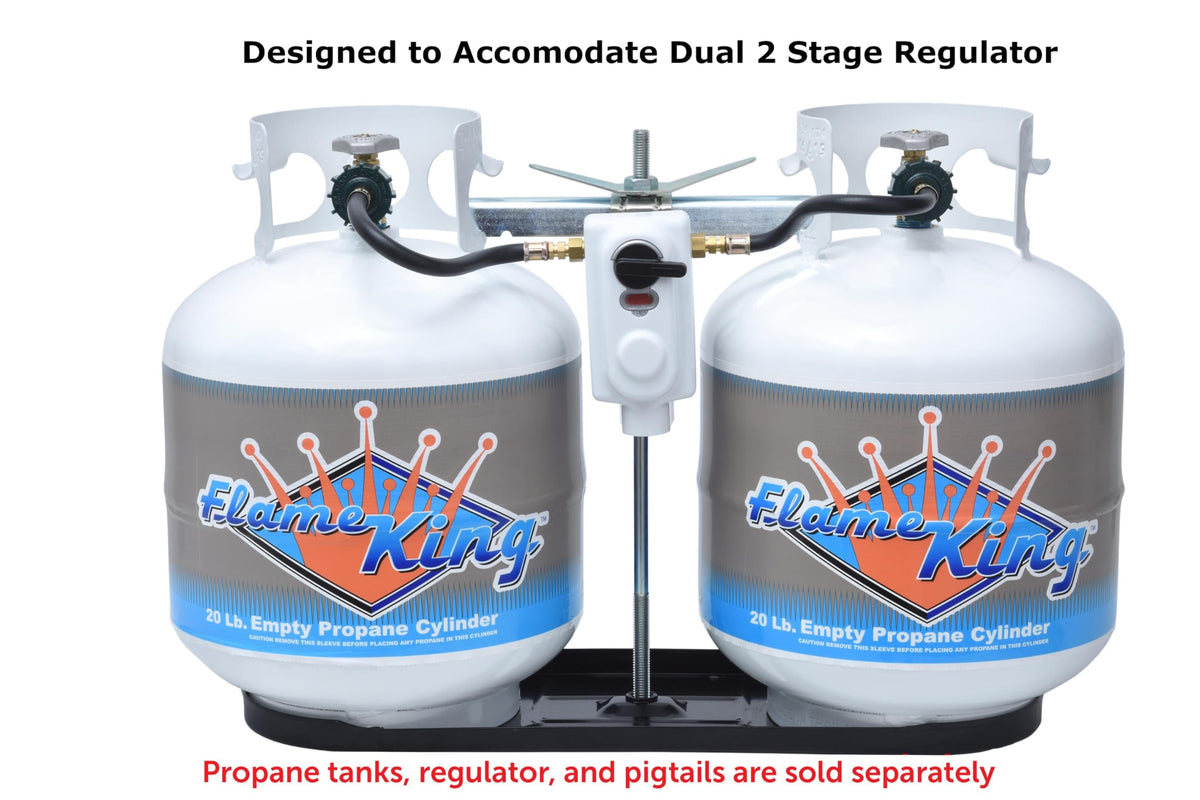 Flame King rack installed on RV trailer deck, keeps tanks organized and secure
