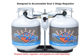 Flame King rack installed on RV trailer deck, keeps tanks organized and secure