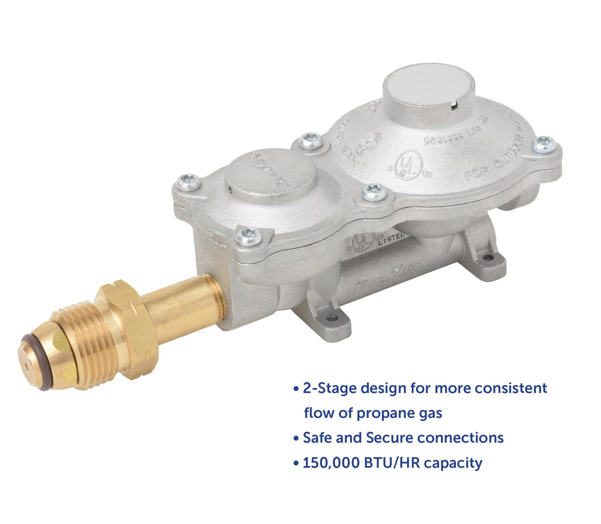 Flame King regulator top vent detail visible for safe pressure relief