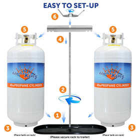 Flame King rack beside a 40lb tank to show scale and correct cylinder fit
