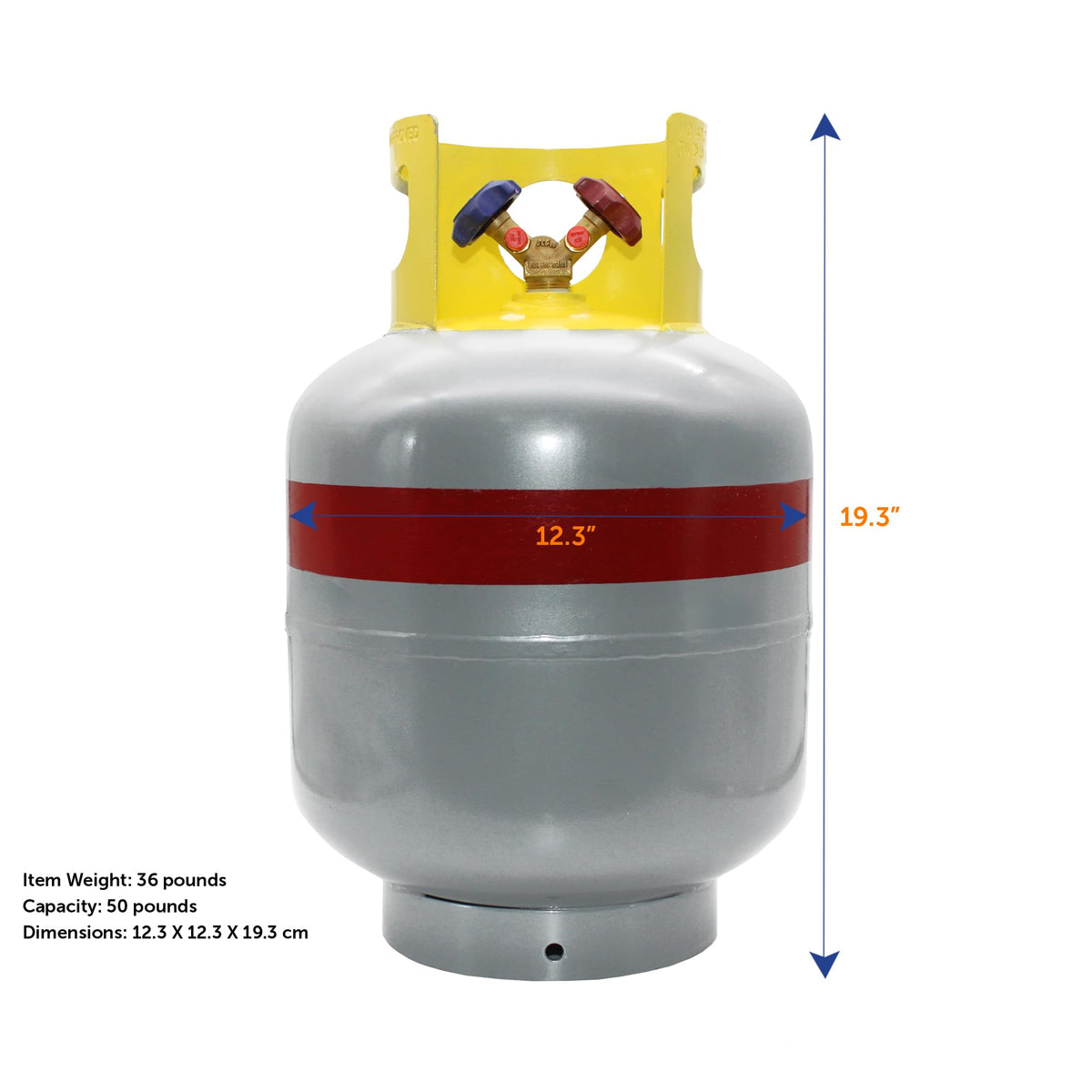 Flame King cylinder beside tools for size comparison showing portable professional scale