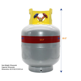 Flame King cylinder beside tools for size comparison showing portable professional scale